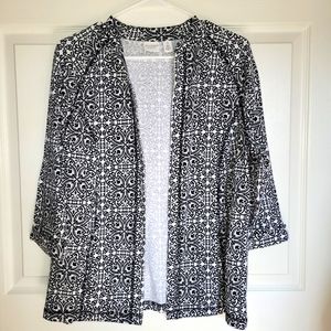 Chico's Size 1 Lightweight Black and White 3/4 Sleeve Floral Print Cardigan